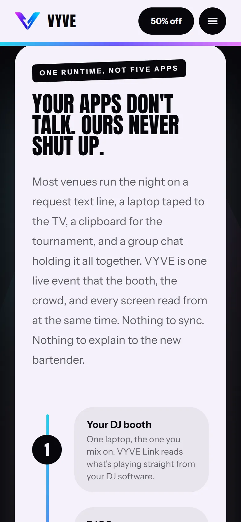 VYVE on a phone, scrolled